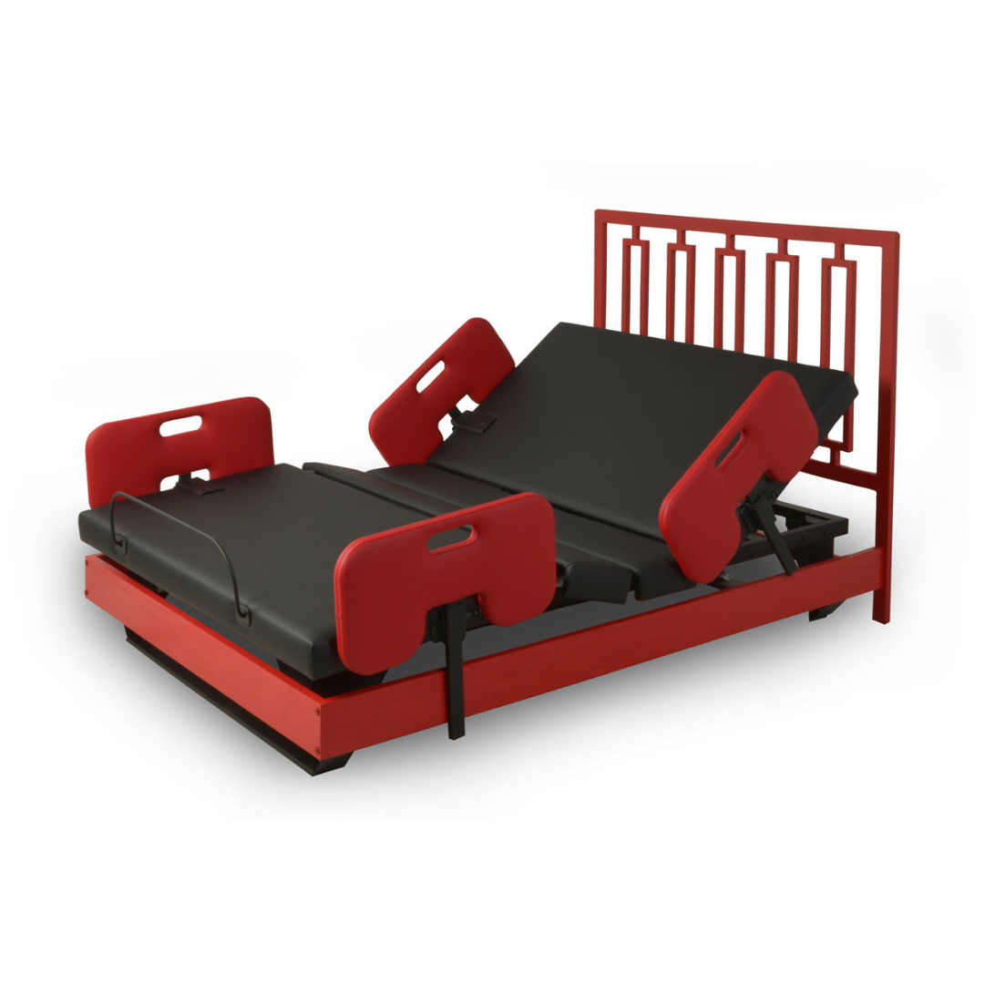 The Assured Comfort® Signature Series Hi-Low Adjustable Bed features a modern red frame, black mattress, and red safety rails with adjustable head and leg sections—ideal for patient comfort—shown on a white background.